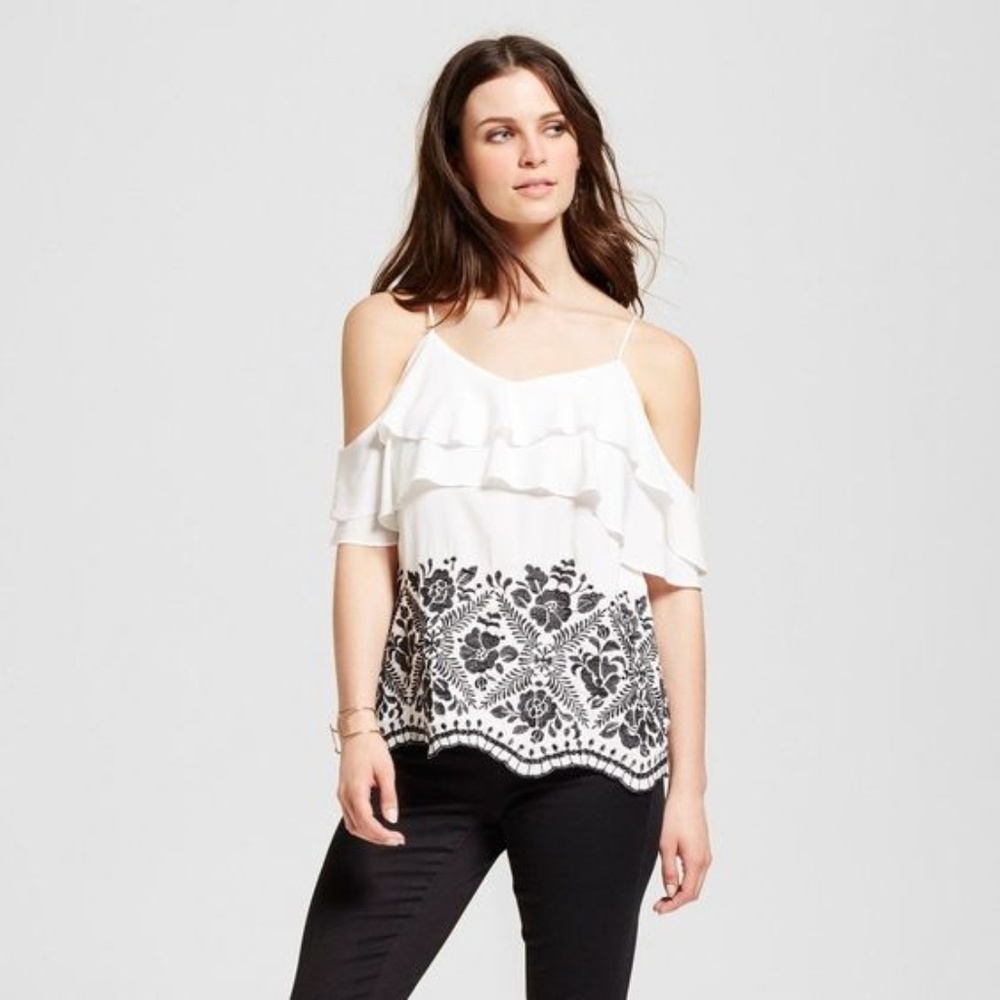 Embroidered ruffle cold shoulder top
